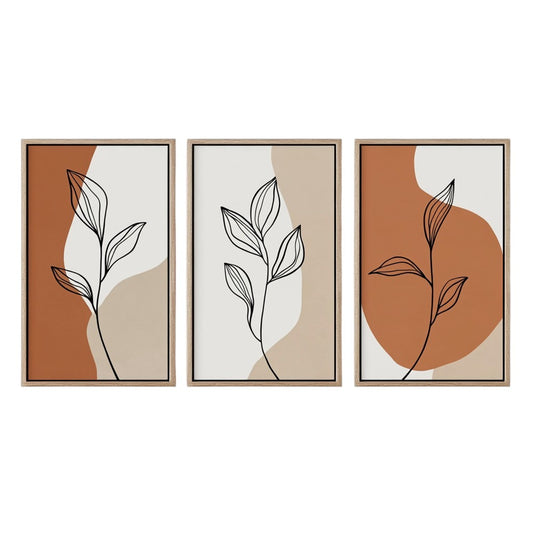 Jomux Set of 3 Boho Wall Art Prints - Minimalist Botanical Line Art - Light Oak Frames - Terracotta & Cream Decor for Bedroom, Bathroom & Gallery Wall
