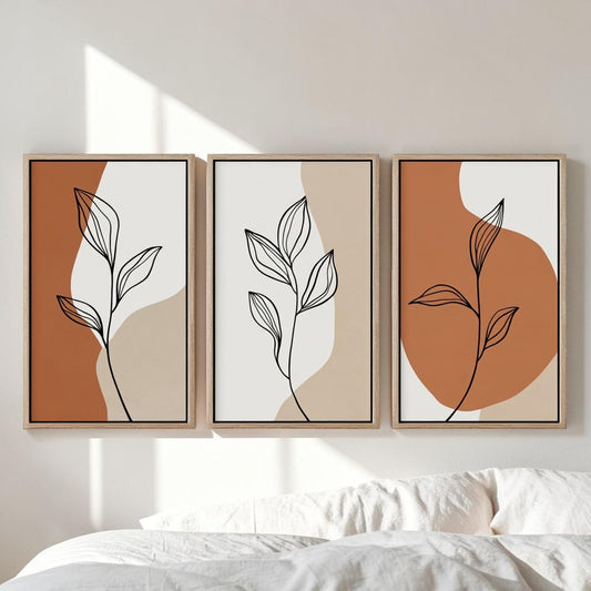 Jomux Set of 3 Boho Wall Art Prints - Minimalist Botanical Line Art - Light Oak Frames - Terracotta & Cream Decor for Bedroom, Bathroom & Gallery Wall